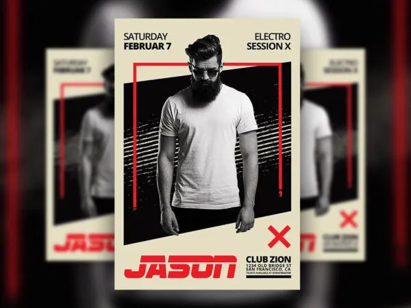 DJ Club Flyer Template Black and White Theme and Red Lines 1