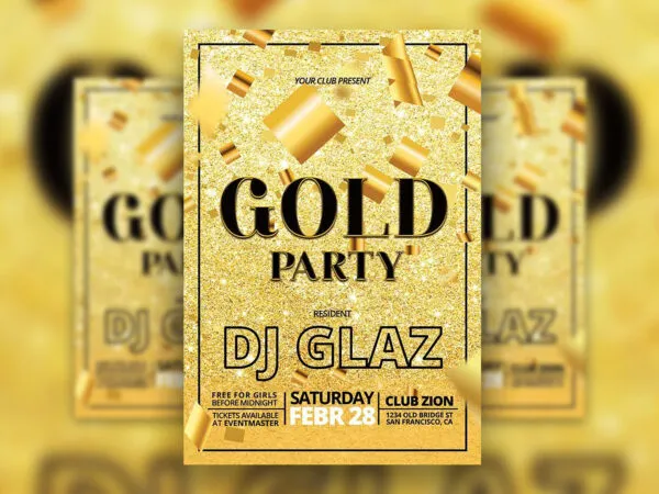 DJ Party Flyer Template with Golden Shining Background and Floating Confetti 1