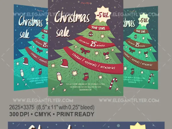 Dark Blue Green Illustrated Christmas Sale Flyer and Facebook Cover Templates 1