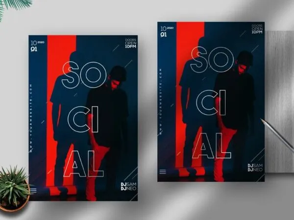 Dark Blue Red Modern DJ Party Flyer Template 1