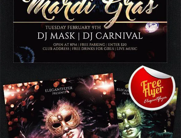 Dark Elegant Mardi Gras Carnival Flyer and Facebook Cover Template 1