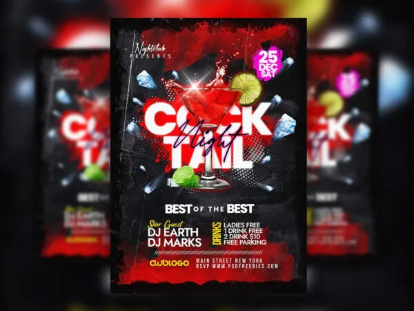 Dark Grunge Cocktail Night Party Flyer Template 1