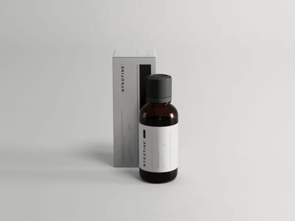 Dark Medicine Bottle Standing in Front of a Box Package Mockup 1