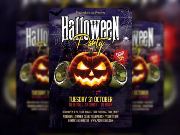 Dark Purple Illustrated Spooky Halloween Party Flyer Template 1