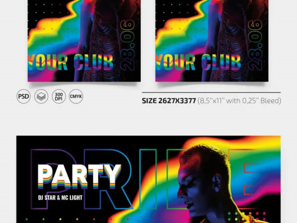 Dark Rainbow Wave Pride Party Flyer and Facebook Cover Template 1