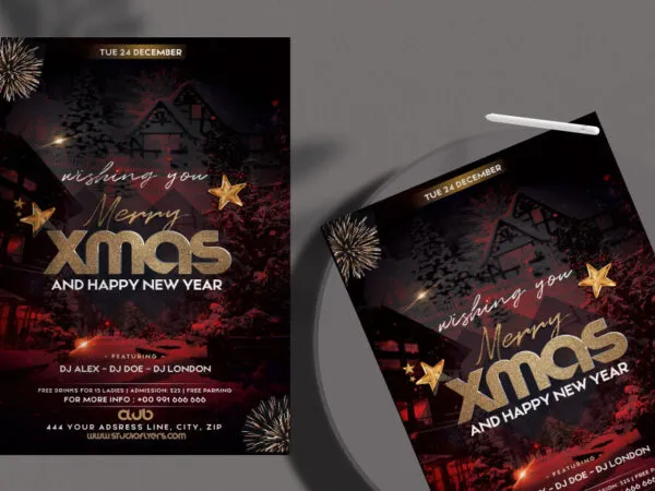 Dark Red Festive Christmas Party Flyer Template 1