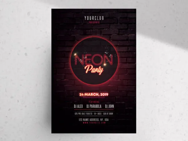Dark Red Neon Night Party Flyer Template 1