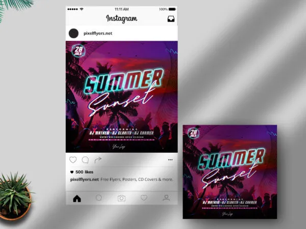 Dark Summer Sunset Party Flyer Instagram Banner template 1