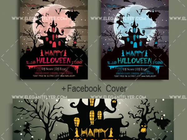 Dark Witchs House Halloween Event Flyer and Facebook Cover Template 1