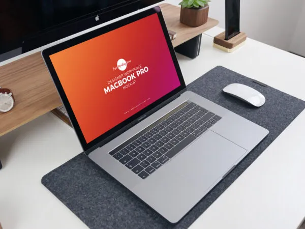 Designer Workplace MacBook Pro Mockup Featuring Lifelike Elements 1