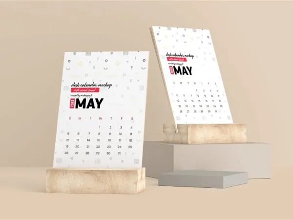 Desk Calendar Mockup with Wood Stand in 3 Views 1