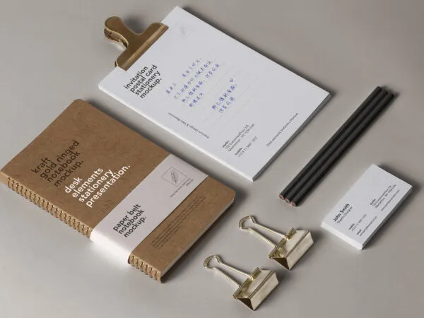 Desk Stationery Mockup Featuring Binder Clips Business Cards And Notebook 1