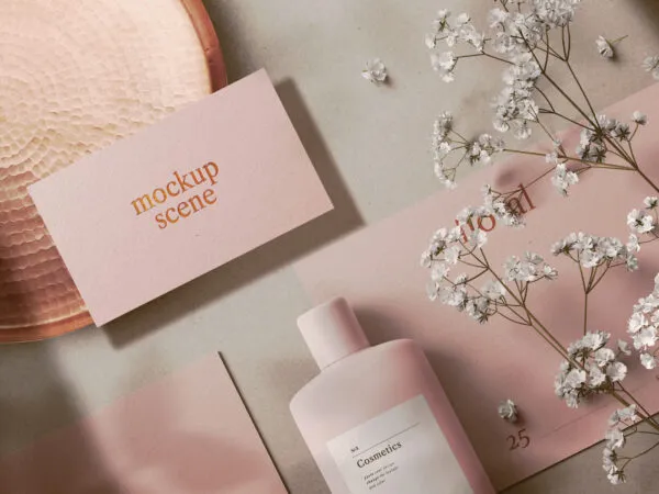 Different Sizes Cards and Cosmetic Bottle in Floral Setting Mockup 1