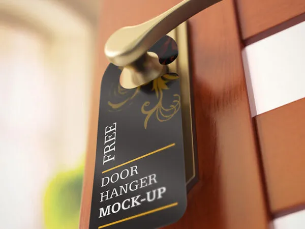 Door Hanger on a Wooden Door Mockups 1