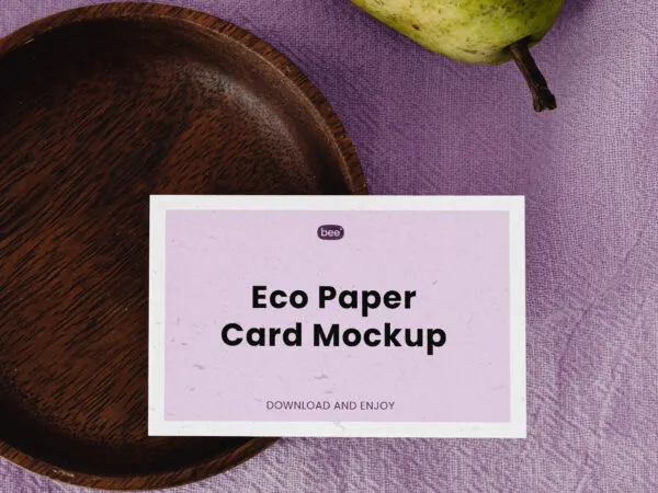 Eco Paper Card Mockup with Wooden Plate in Top Sight 1