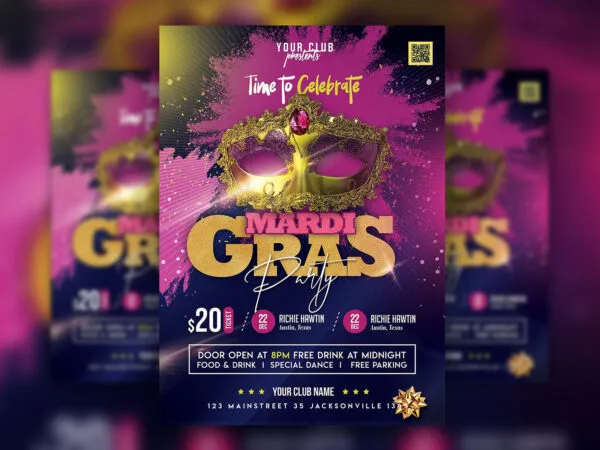 Elegant Color Splash Mardi Gras Party Flyer Template 1