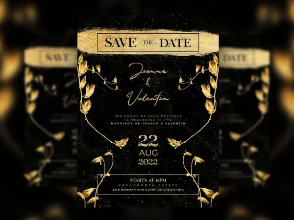 Elegant Floral Black and Gold Wedding Invitation Flyer Template 1