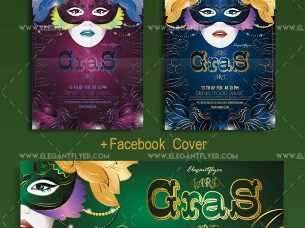 Elegant Illustrative Mardi Gras Party Flyer and Facebook Cover Template 1