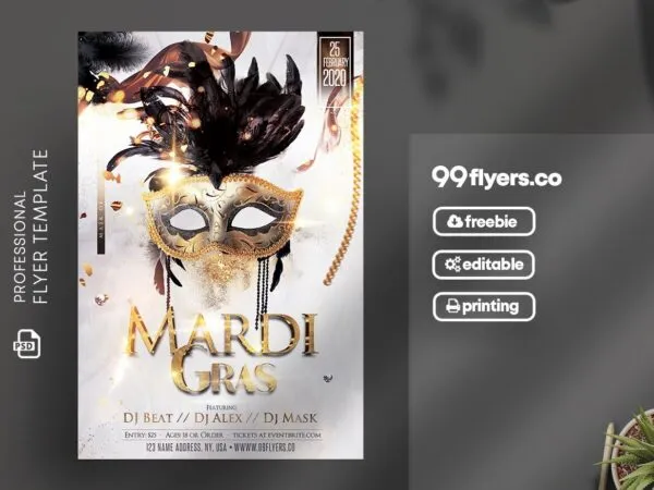 Elegant White and Golden Mardi Gras Flyer Template 1