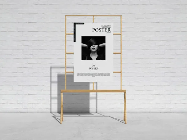 Elegant Wooden Stand Poster Mockup With Brick Wall Background 1