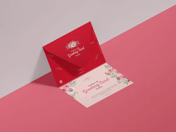 Envelope Leaning Against Wall with Greeting Card on Floor Mockup 1