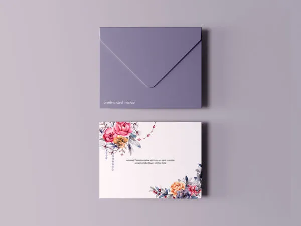 Envelope and White Greeting Card with Flowers on Two Corners Mockup 1