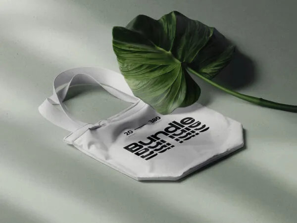 Fabric Bag Mockup in Isometric View with Tropical Leaf 1