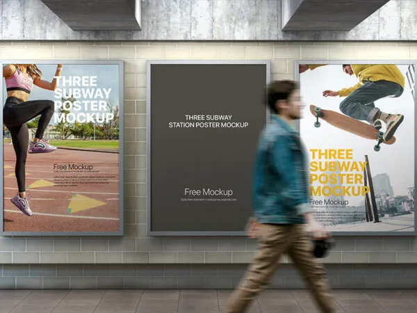 Facing Shot of 3 Subway Station Posters Mockup 1