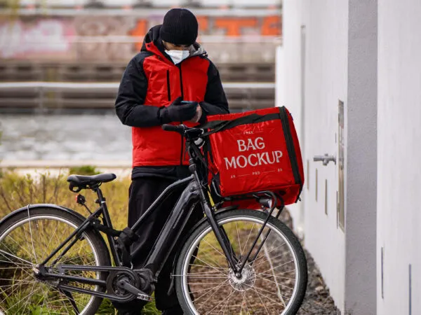 Facing Shot of Food Delivery Man Mockup 1