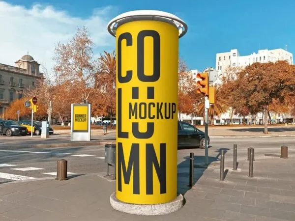 Facing Shot of Round Street Advertising Column Mockup 1
