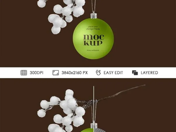 Facing Showcase of Christmas Ball Mockup Hanging on Twig 1
