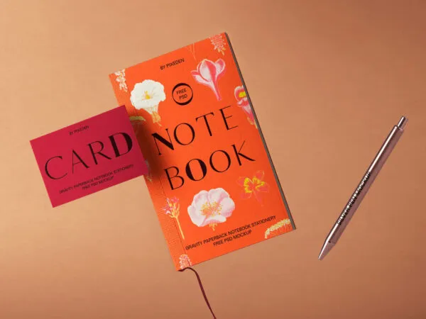 Facing Sight of Floating Notebook Mockup with Pen 1