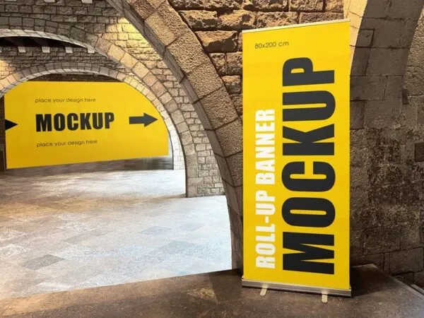 Facing Sight of Horizontal Banner with Roll Up Banner Mockup 1