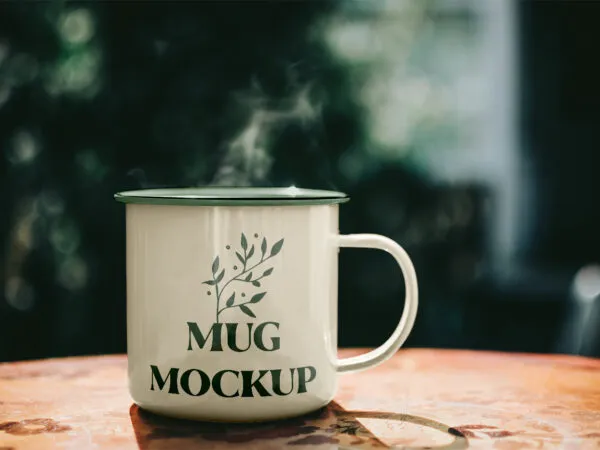 Facing Sight of Metal Mug on Table Mockup 1