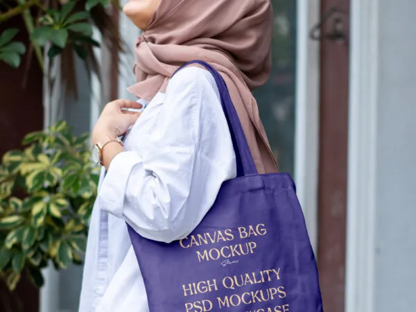 Facing Sight of Woman Wearing Tote Bag Mockup 1
