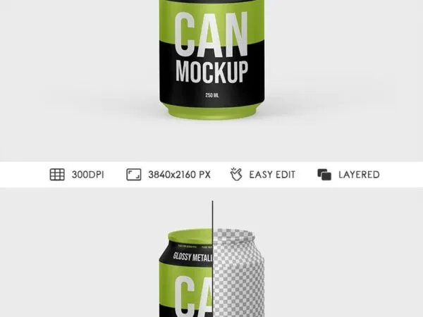 Facing View of 250ml Glossy Metallic Can Mockup 1