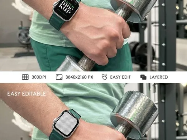Facing View of Apple Watch Mockup in Gym with Dumbbell 1