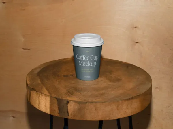 Facing View of Coffee Cup Mockup on Wooden Stool 1