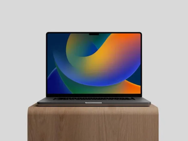 Facing View of M2 MacBook Pro Mockup on Wood Stand 1