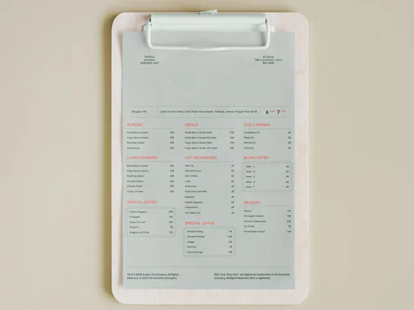 Facing View of Menu Mockup on Wooden board 1