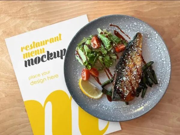 Facing View of Restaurant Menu Mockup with Fish Dish 1