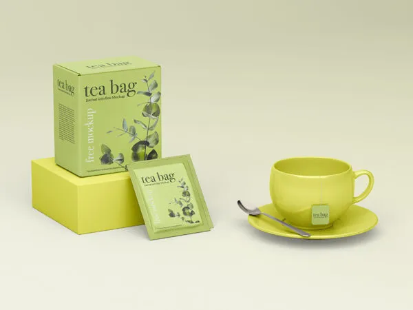 Facing View of Tea Bag Sachet Mockup with Box 1