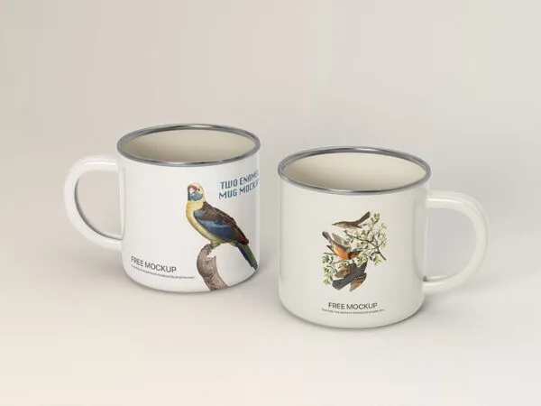 Facing View of Two Enamel Mug Mockup 1