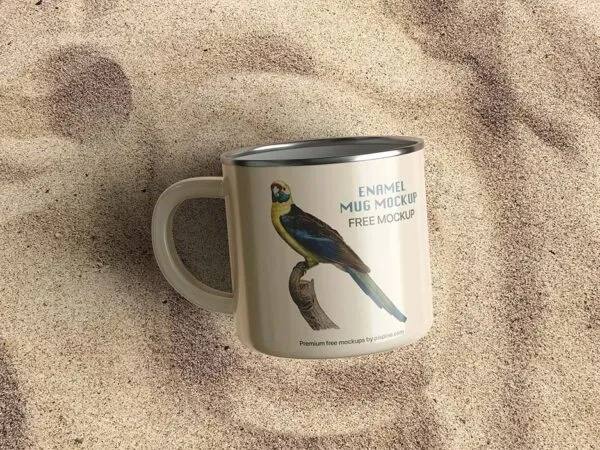 Facing Vision of Enamel Mug Mockup on Sand 1