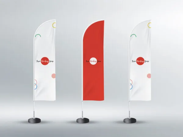 Feather Shaped Flags Standing on the Surface Mockup Front View 1