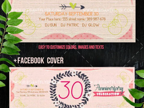 Feminine Floral Anniversary Party Flyer and Facebook Cover Template 1