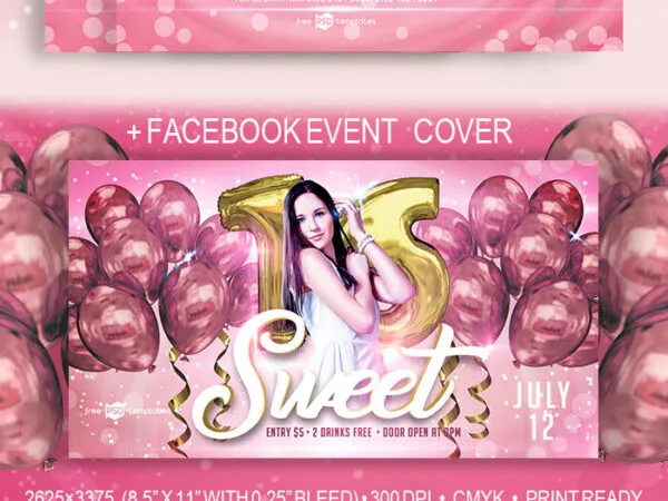 Feminine Sweet Sixteen Birthday Flyer and Facebook Cover Template 1