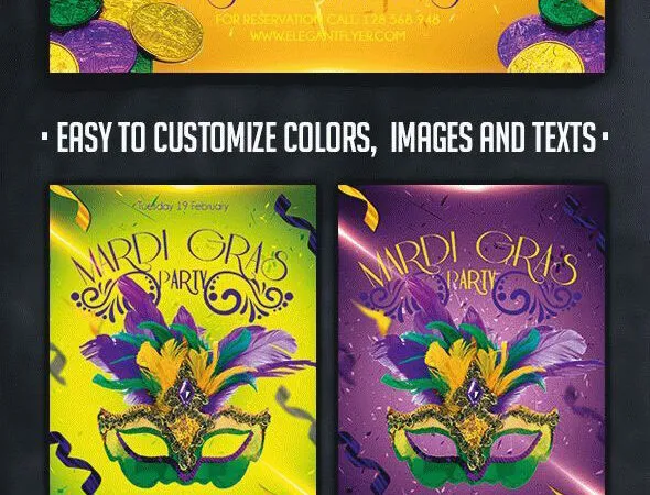 Festive Confetti Mardi Gras Party Flyer and Facebook Cover Template 1