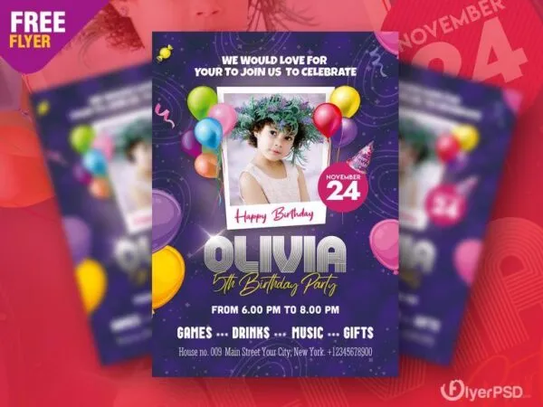 Festive Purple Birthday Party Invitation Flyer Template 1