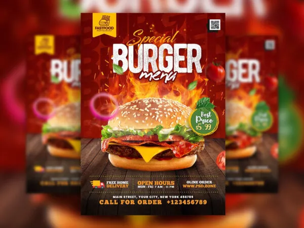 Fiery Cartoonish Restaurant Food Menu Flyer Template 1